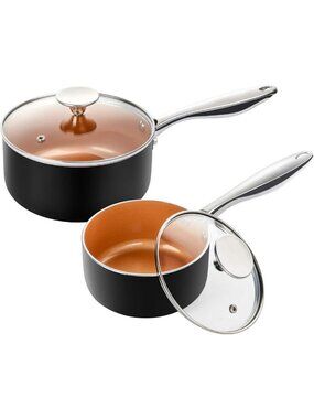 Nonstick Copper Sauce Pan Set 1Qt & 2Qt with Lid - Ceramic Small Pots for